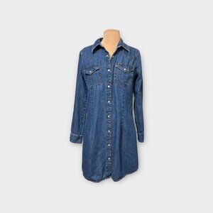 Wrangler Western Chambray Shirt Dress M Denim Button Up Blue Casual Vintage EUC